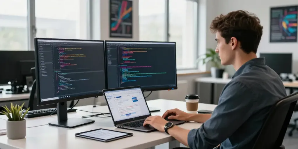 Developer engaged in instant indexing software development, coding at dual monitors in a bright office.