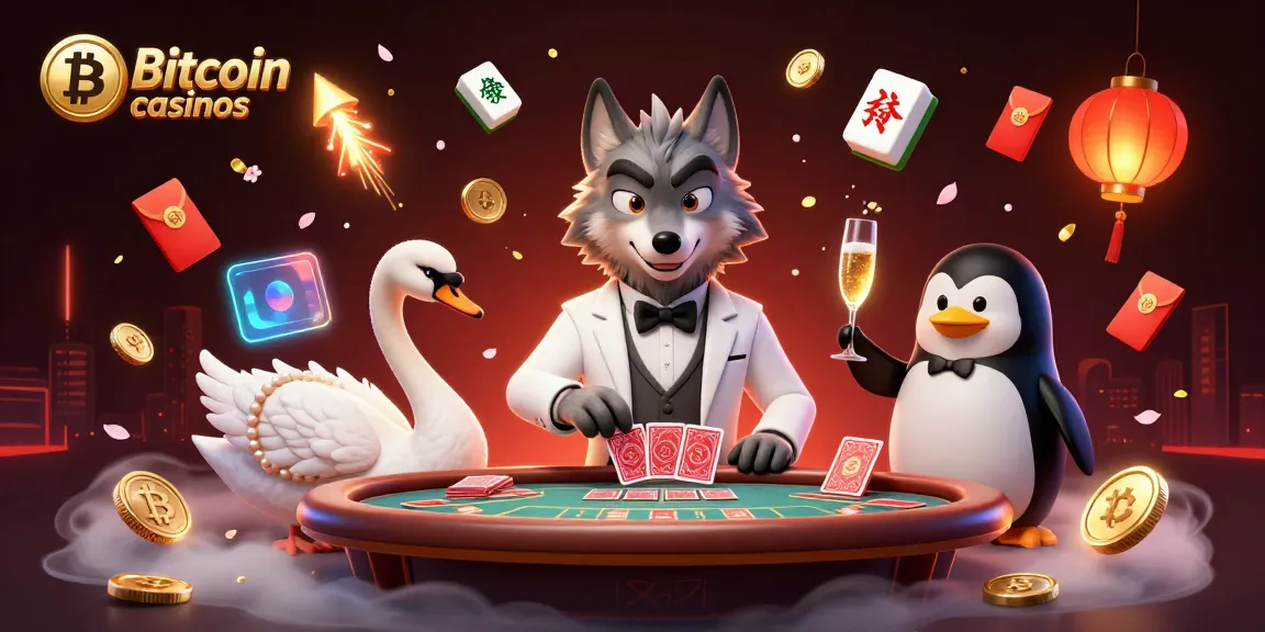 Les casinos Bitcoin mettent en scène une illustration animée de qualité, avec un loup, un cygne et un pingouin dans un univers ludique.