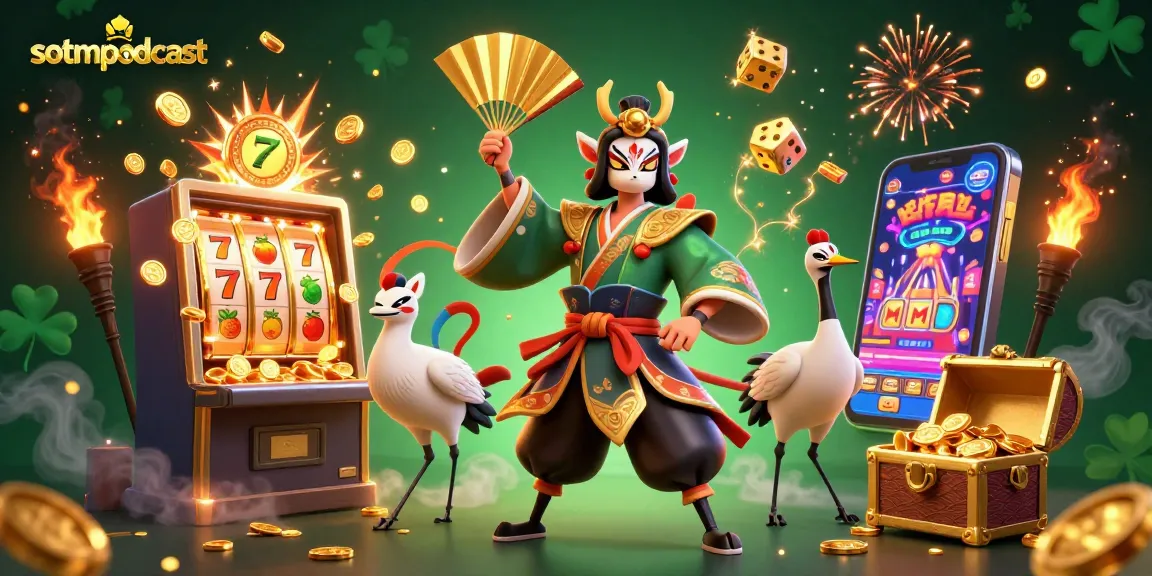 Sotmpodcast memukau dengan ilustrasi kasino, slot jackpot, dan karakter fantastik bertema Jepang.