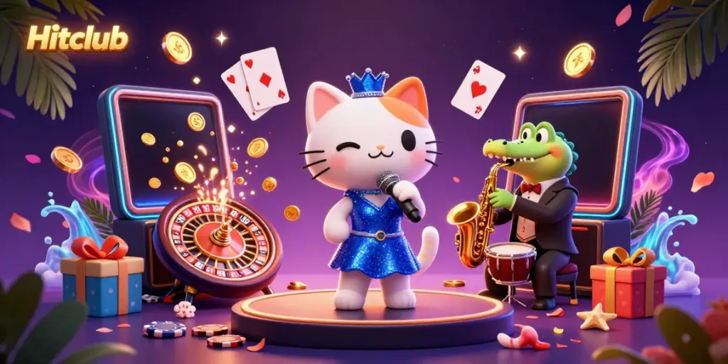 Hitclub cat singer captivates with vibrant stage performance amidst dynamic casino elements.