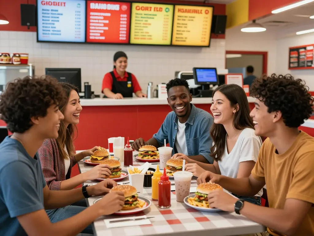 Friends enjoying fast food prices at vibrant restaurant with various meals on the table.