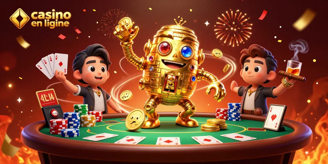 Dévoilez l'univers captivant du casino en ligne avec un golem doré entouré de poker et de confettis.