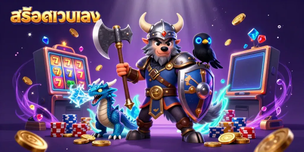 Engage with สล็อตเว็บตรง through thrilling 3D Viking warrior and dragon in a vibrant casino scene.