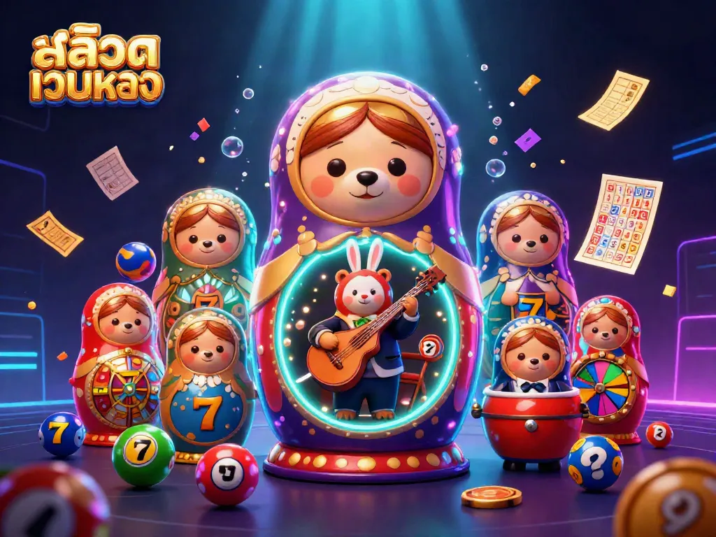 Experience the thrill of สล็อตเว็บตรง with a delightful 3D cartoon scene featuring a Matryoshka bear and casino elements.