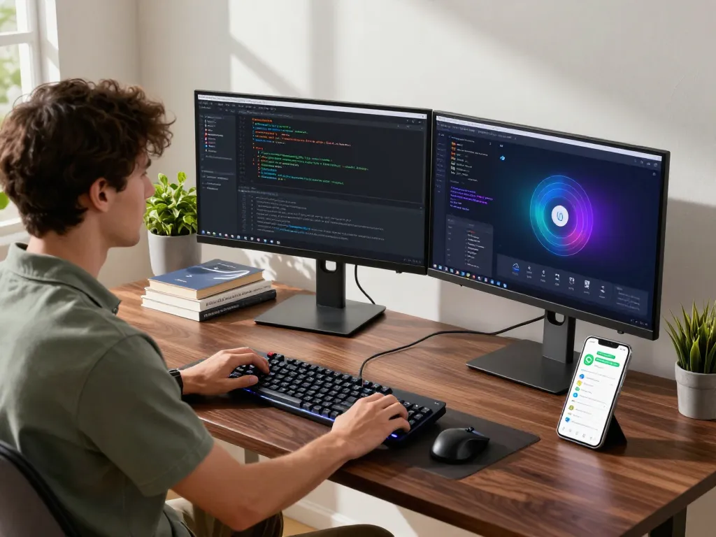 Developer using Clawdbot AI in a modern home office with dual monitors and automation tools.