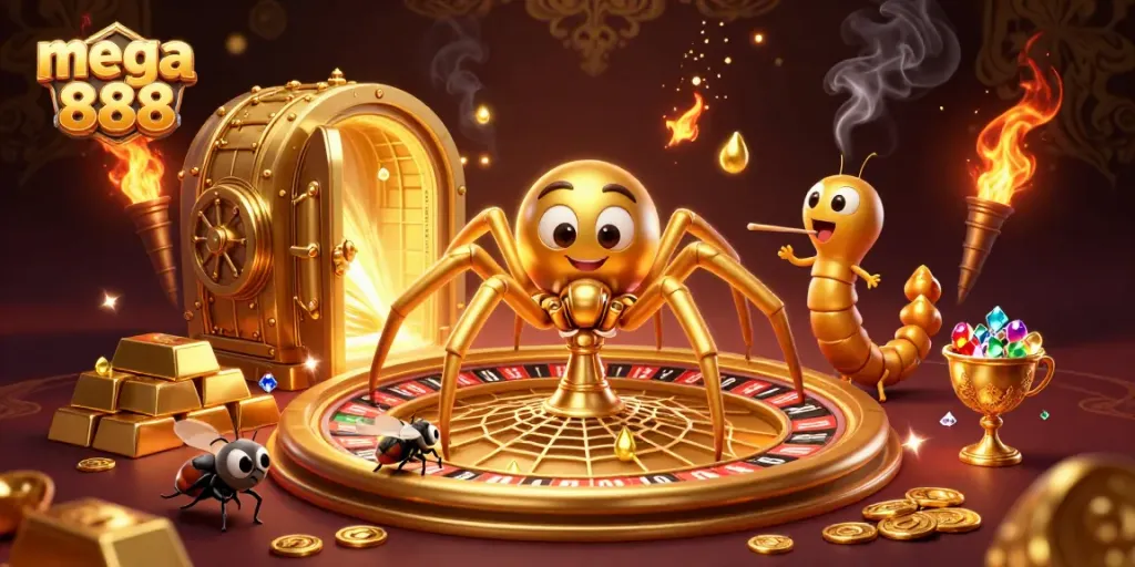 Experience mega 888 action with a 3D spider and croupier in a vibrant casino web.