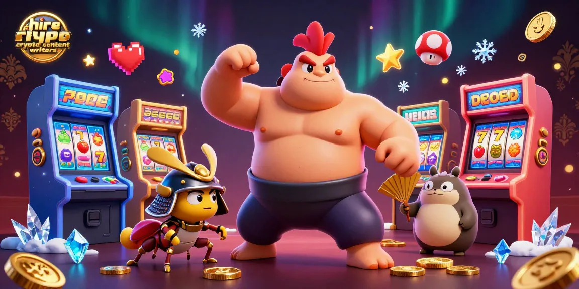 Hire crypto content writers by showcasing dynamic casino elements and colorful 3D characters in action.