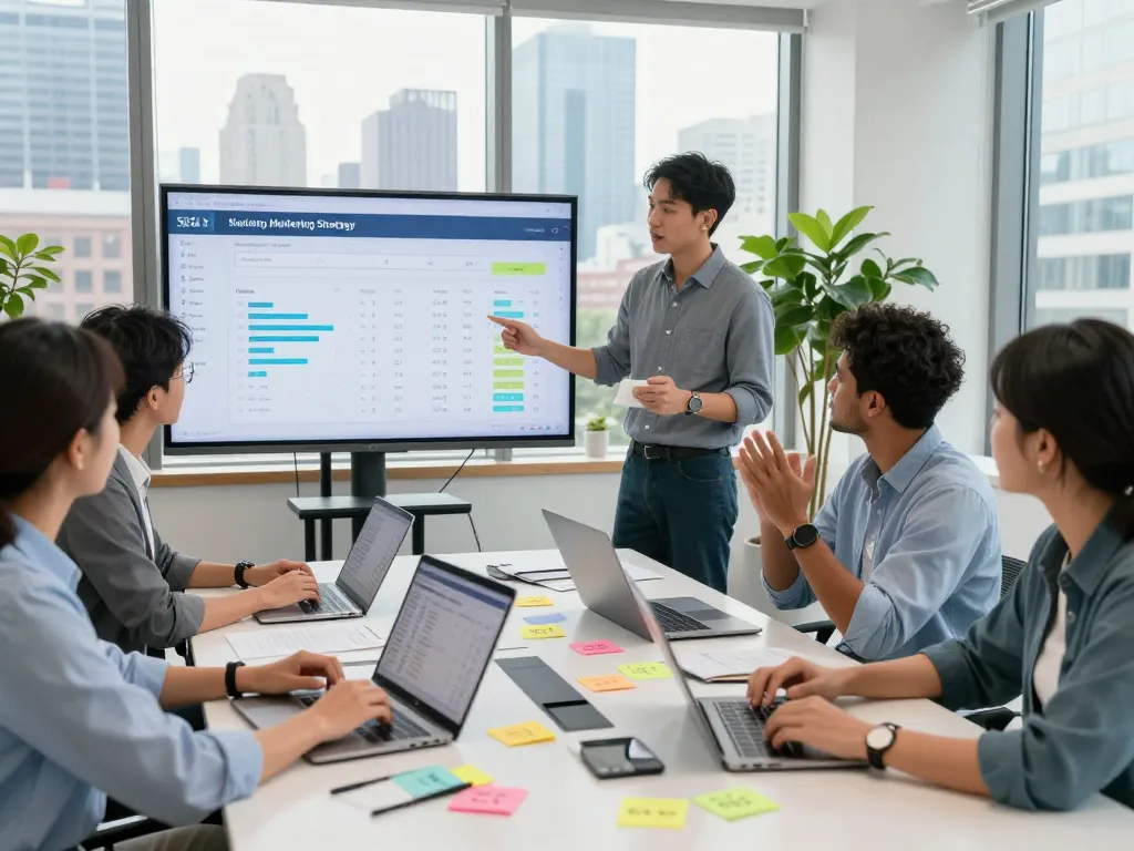 Team strategizing New York SEO Services in a modern office setting.