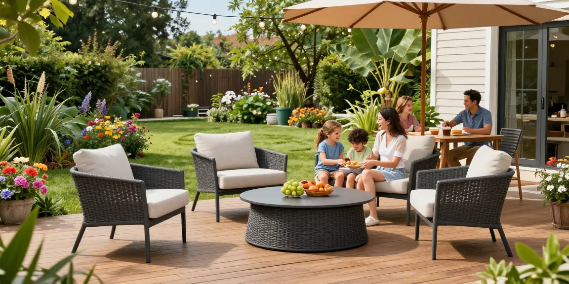 Stylish outdoor seating furniture showcasing a contemporary dining set in a vibrant patio scene.