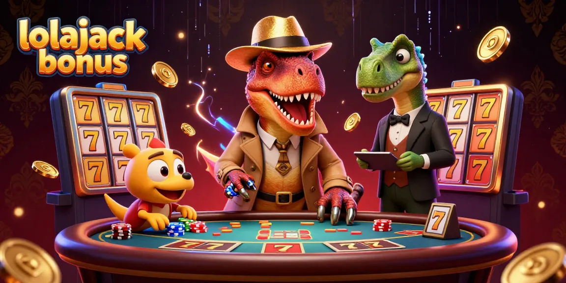 Experience the excitement of the lolajack bonus with a velociraptor at a blackjack table, surrounded by slot elements and gold coins.