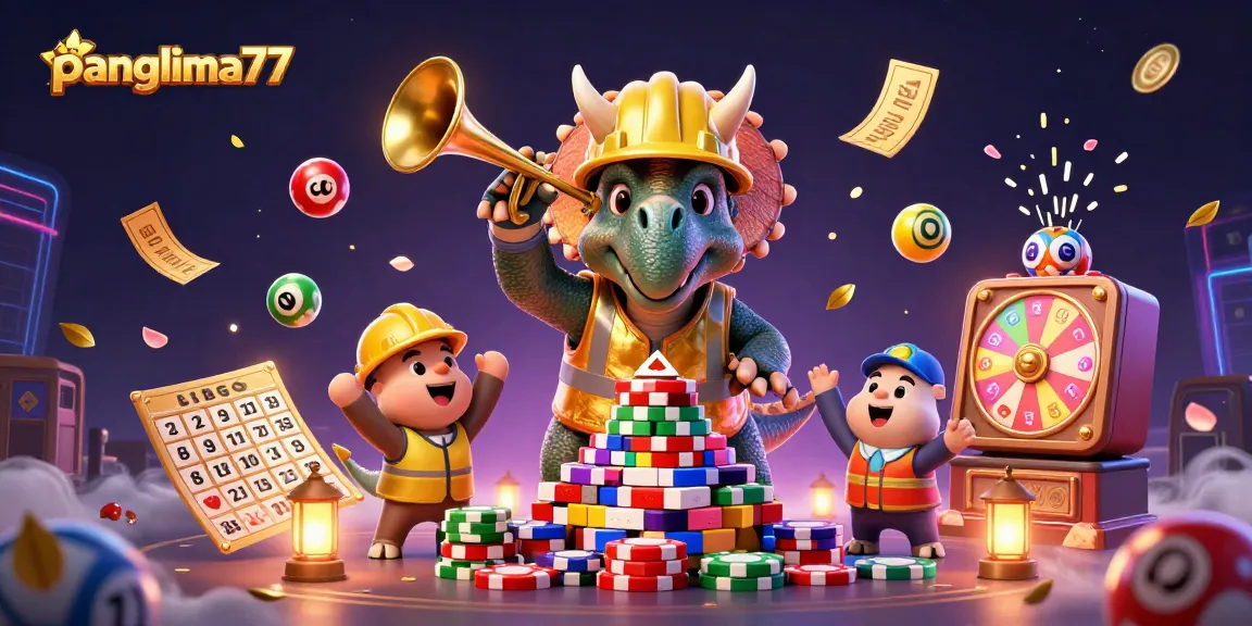 Panglima77 showcases a joyful triceratops and parasaurolophus in a vibrant casino-themed celebration.