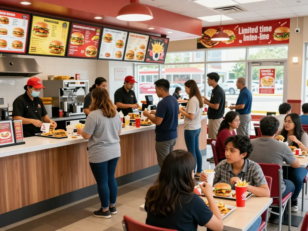 Fast food prices displayed on menu boards in a bustling restaurant scene.