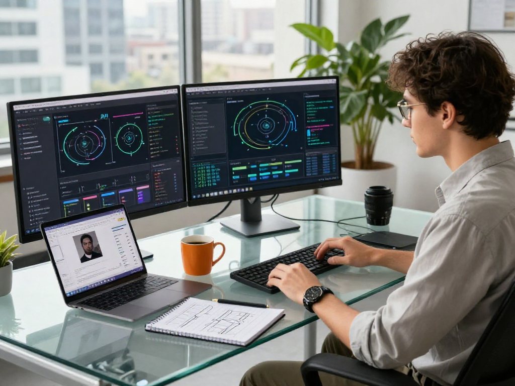 Detect AI image technologies in action at a modern workspace with advanced data analysis.