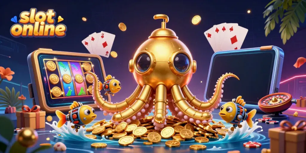 Experience slot online excitement with a vibrant 3D scene of a kraken submarine amidst golden coins.