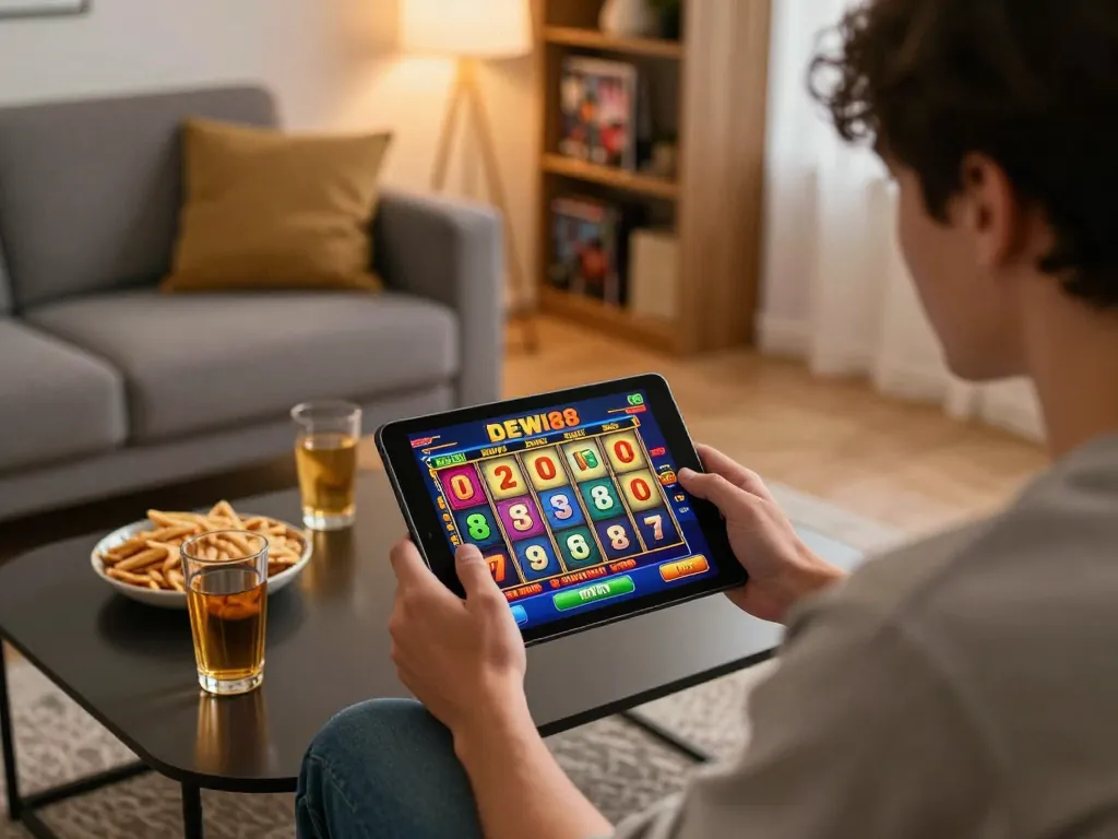 Pemain menikmati slot online DEWI88 di tablet, menyoroti permainan yang menarik dalam suasana rumah yang nyaman.