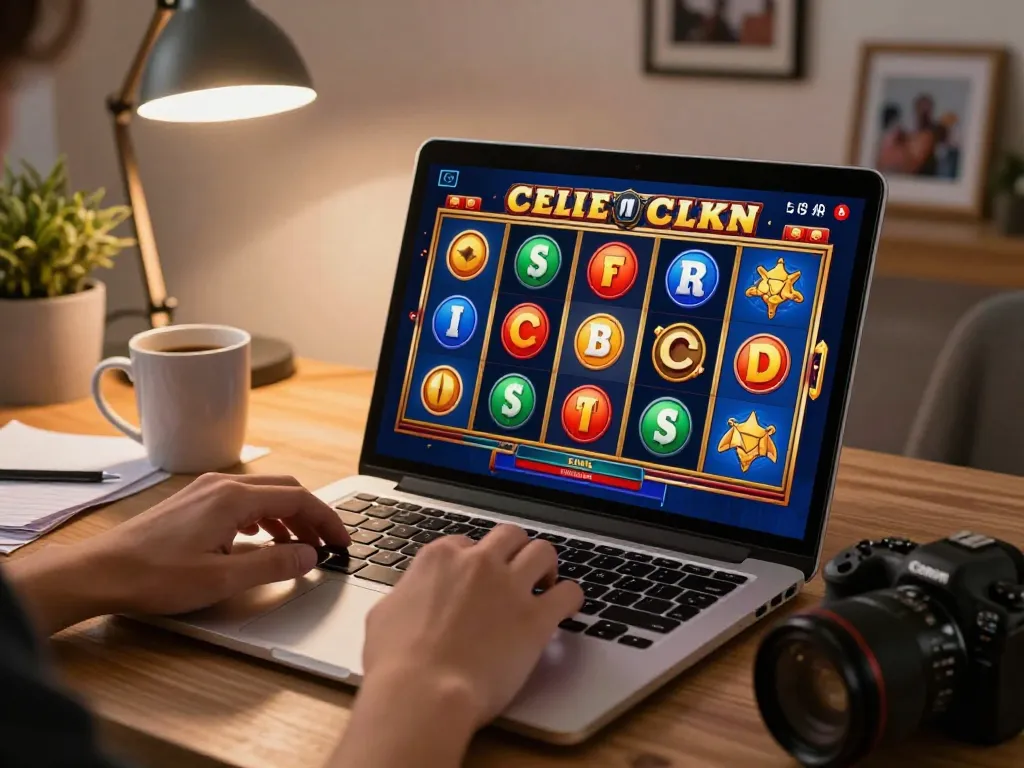 Player enjoying an online slot depo 1000 game on a laptop, showcasing vibrant graphics and potential jackpots in a cozy home setting.