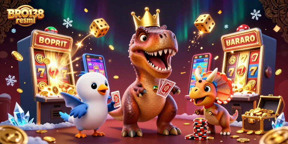 Experience the excitement at BRO138 resmi with creative characters and rich casino elements in a vibrant illustration.