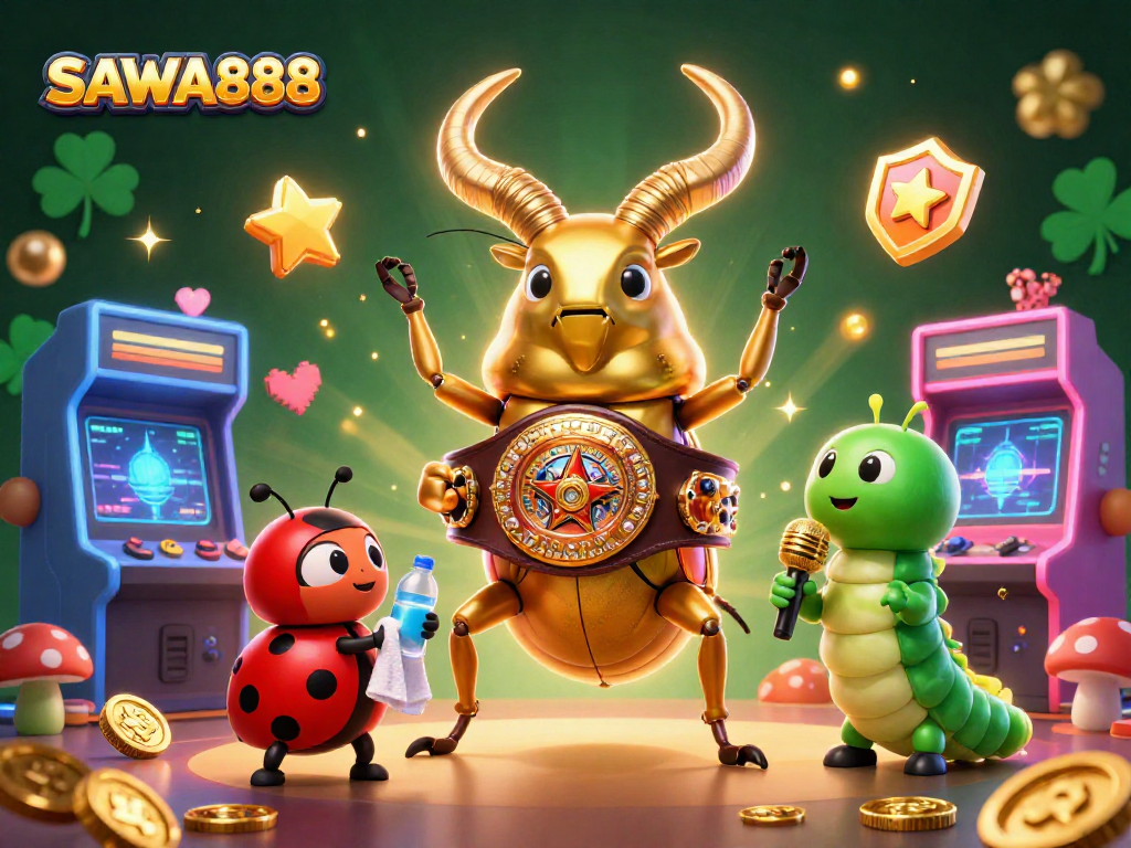 SAWA888 introduces thrilling gameplay with a giant golden stag beetle and a ladybug trainer in a vibrant casino scene