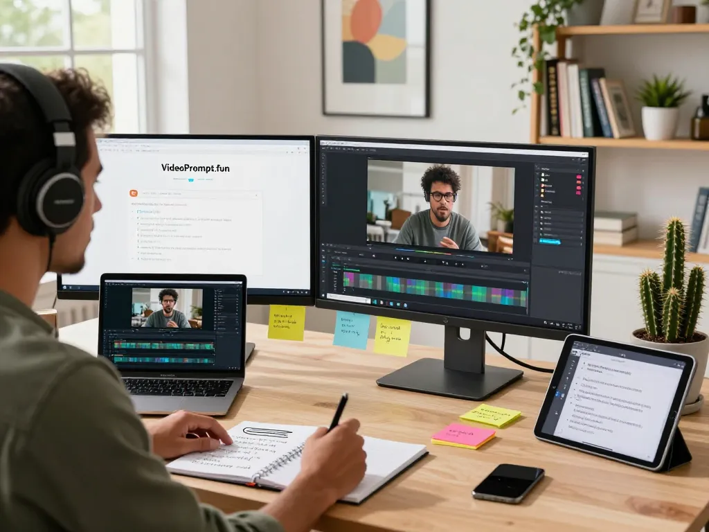 Video to prompt generator workspace with creator analyzing video and crafting AI prompts for visual projects.