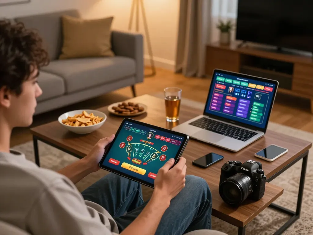 Engaging moment on vin88tp app in a cozy home setting, showcasing online betting actions.
