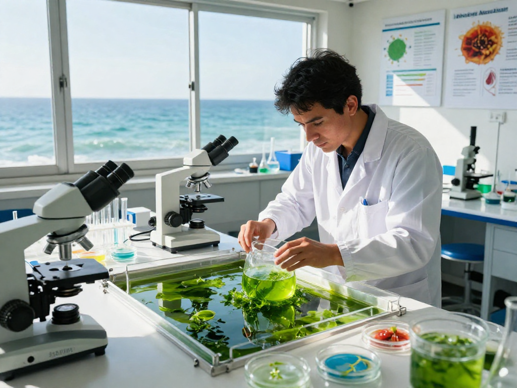 Researcher analyzing microalgae astaxanthin in a bright lab environment.