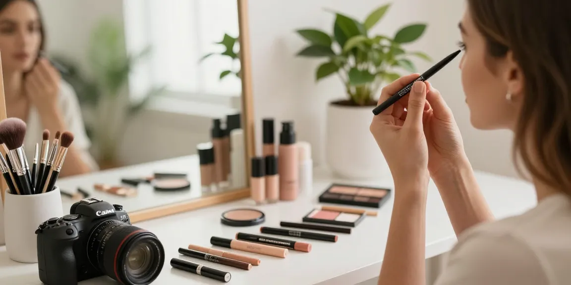 Model applying brow pen in a chic vanity setting, showcasing natural makeup.