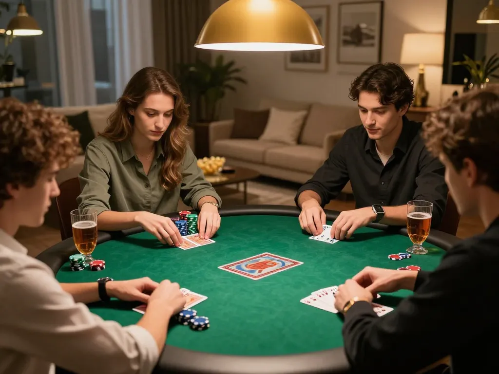 Friends enjoying a competitive poker game at home, showcasing lc88 com ambiance.