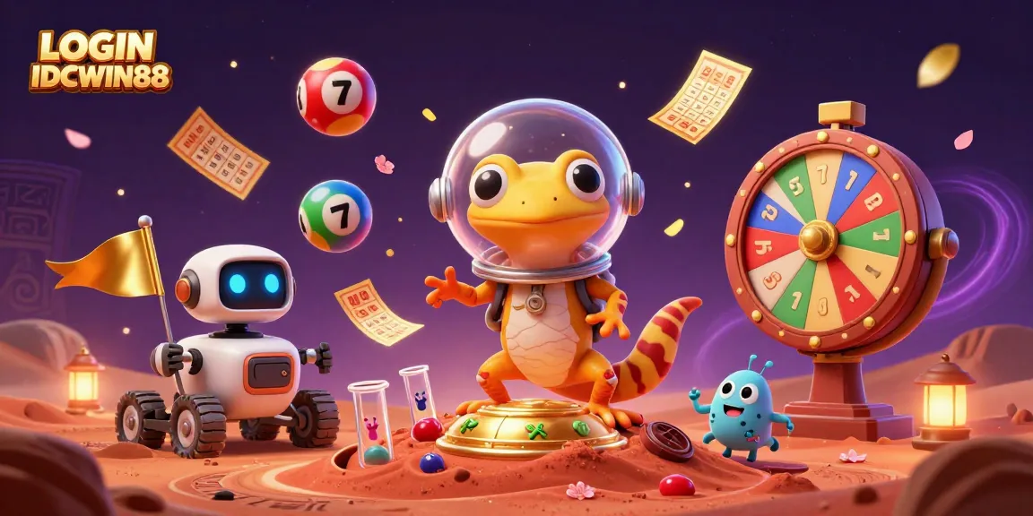 Join the action at LOGIN IDCWIN88 with vibrant lottery balls and golden casinos in a dynamic scene.