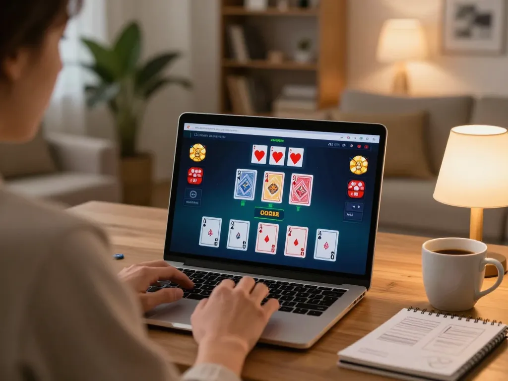 Play blackjack through u888 online casino on a cozy laptop setup at home, showcasing a strategic gaming moment.