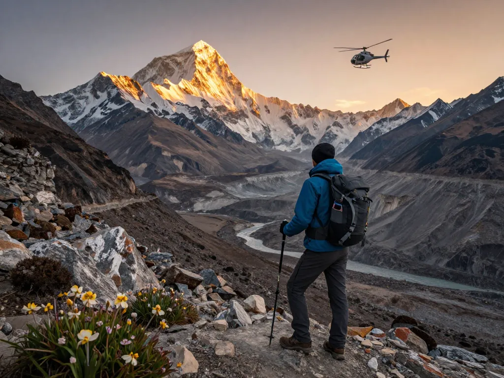 Experience the Everest Base Camp Heli Trek with stunning mountain views and an adventurous traveler at sunset.
