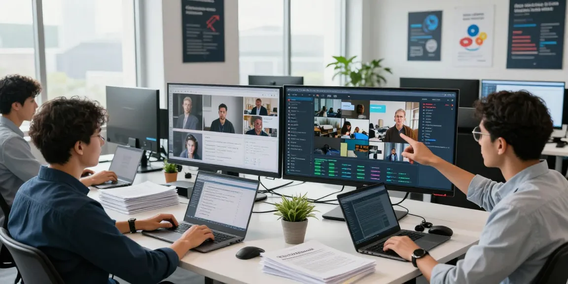Team utilizing an ai image detector to analyze images and videos in a modern digital workspace.