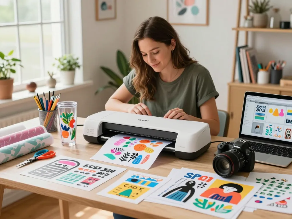 Crafting with a cricut svg bundle, showcasing colorful tumbler designs and tools in a home studio.
