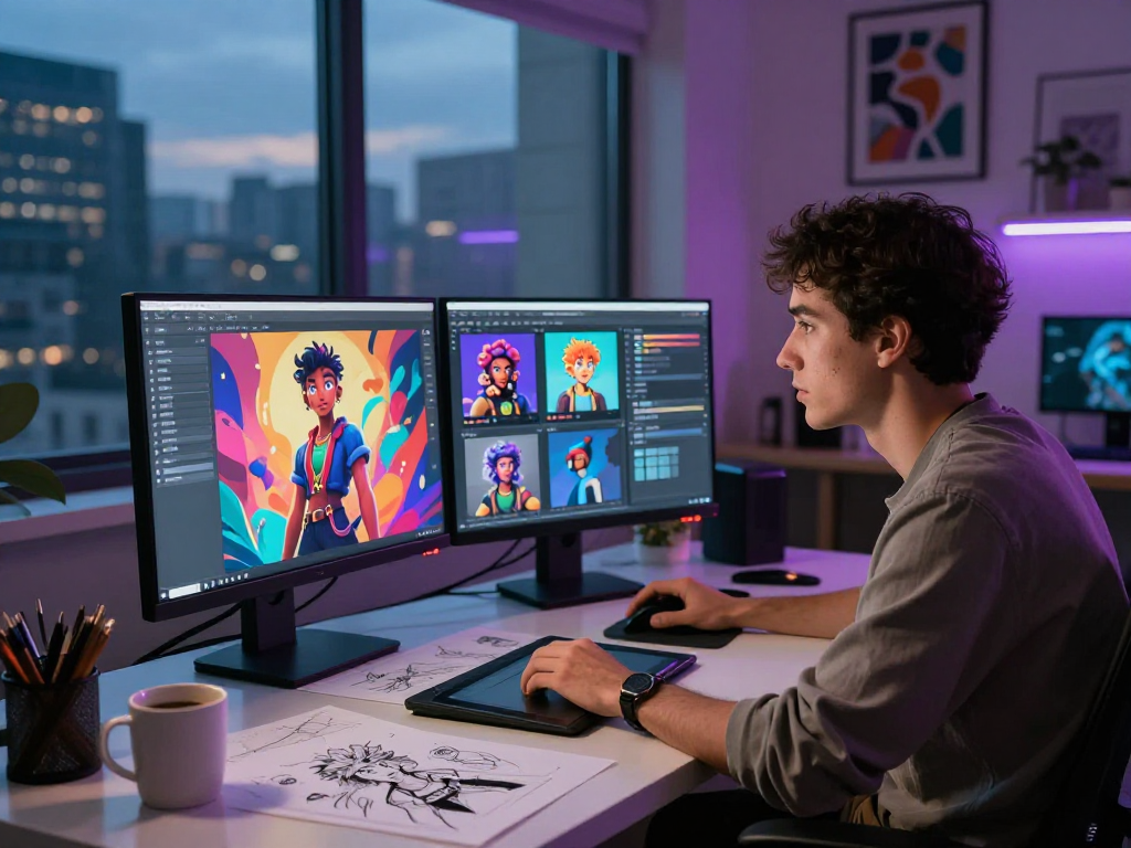 Character AI NSFW design workspace featuring creative designer and vibrant digital interface.