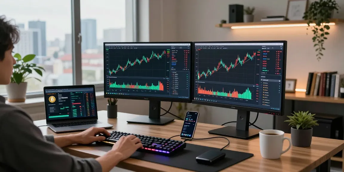 Bitcoin mining online workspace showcasing cryptocurrency trading and blockchain monitoring setup with multiple screens and a ledger.