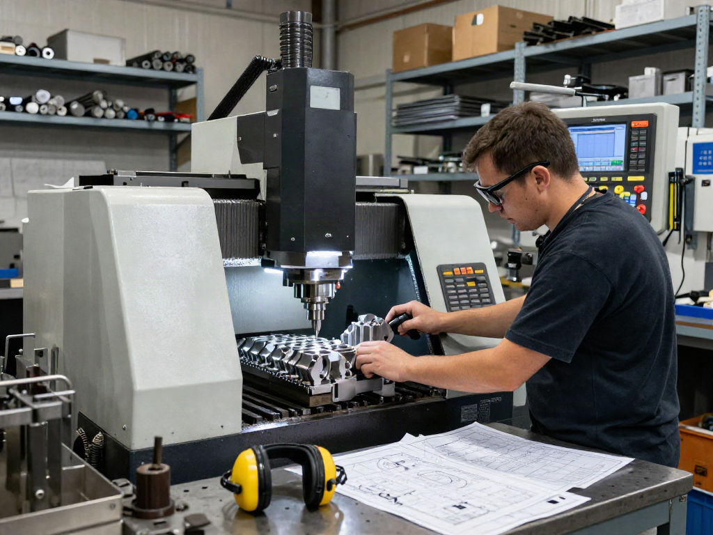CNC machining parts manufacturer workshop with skilled machinist operating precision machinery in a well-lit environment