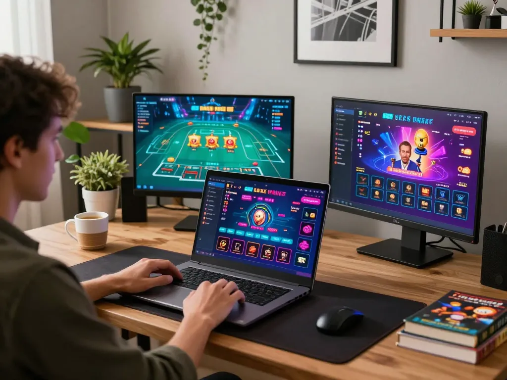 Engaging with lucky88i online casino via laptop in a cozy home setting, showcasing strategic gameplay