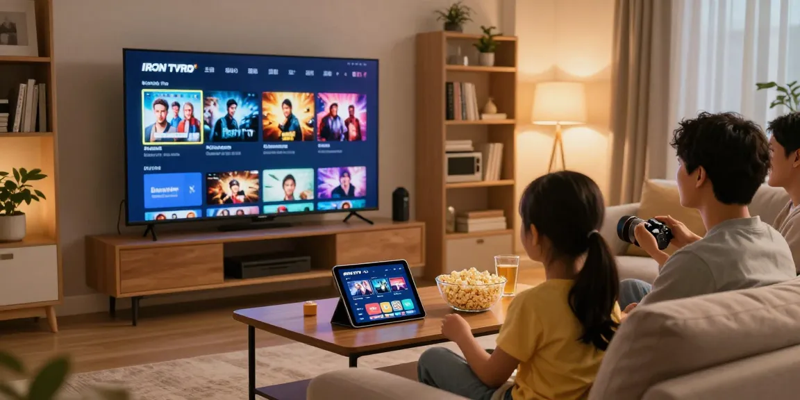 Family enjoying Iron TV Pro streaming on a smart TV in a cozy living room.