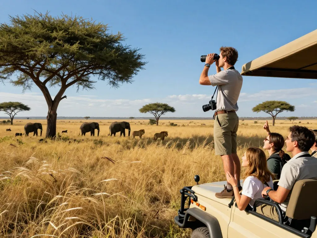 Best Tanzania adventure tours showcase travelers on a safari vehicle in the Serengeti, surrounded by wildlife and stunning landscapes.