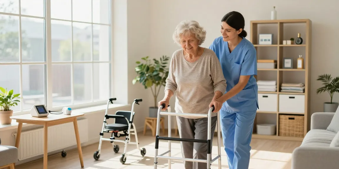 Medical care supplies showcased in a warm home setting with caregiver assisting elderly woman using mobility aids.