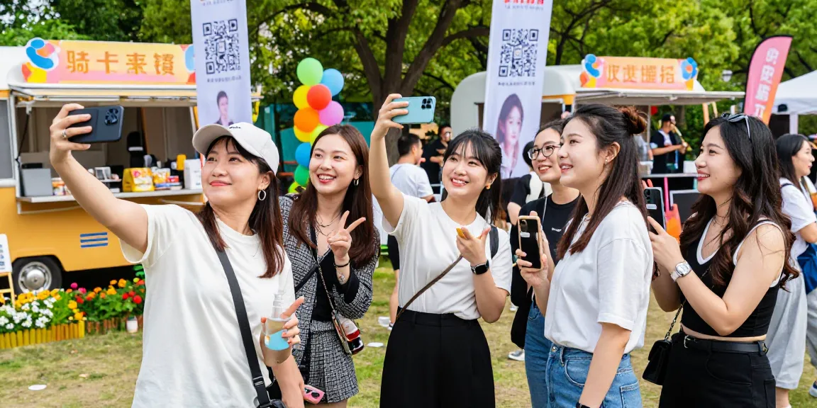 People discovering celebrities look alike at a lively outdoor event in a vibrant park