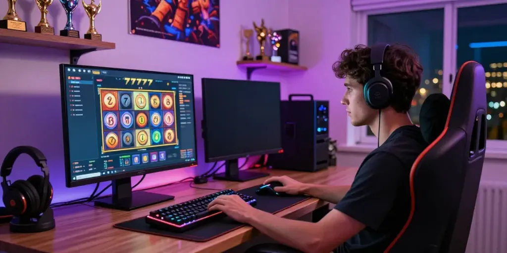 Gamer sedang bermain slot777 dengan setup gaming yang menarik dan atmosfer nyaman.