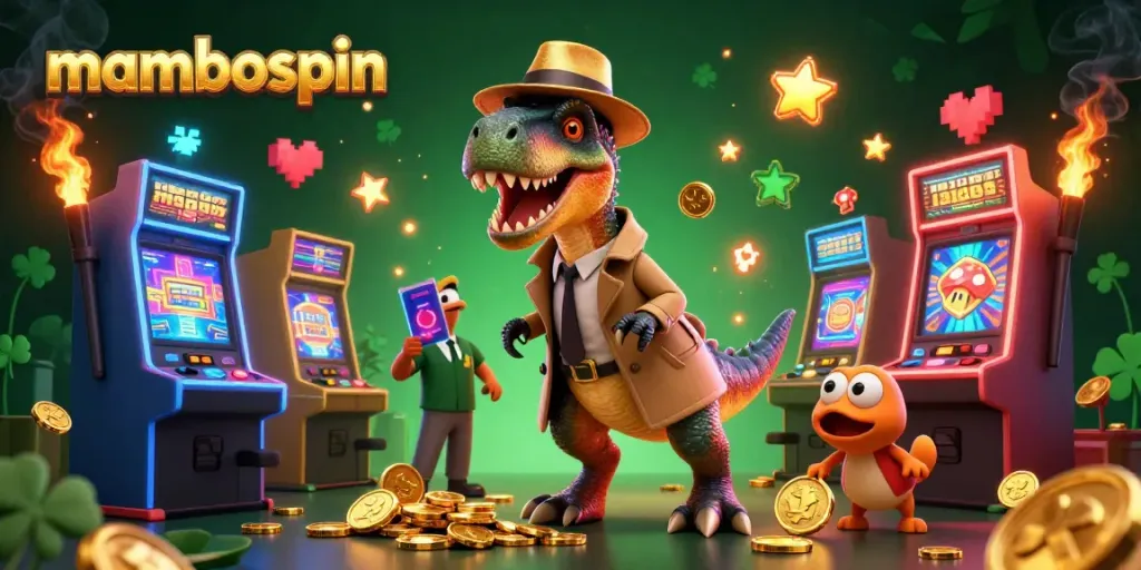 mambospin memperlihatkan dinosaurus bermain slot dan pit boss mengawasi dengan seksama di kasino