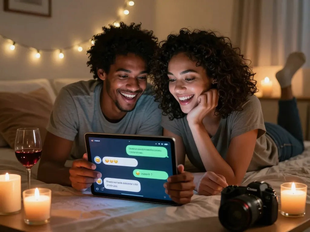 Cozy bedroom with diverse couple enjoying NSFW AI chat on tablet, blending intimacy and technology.