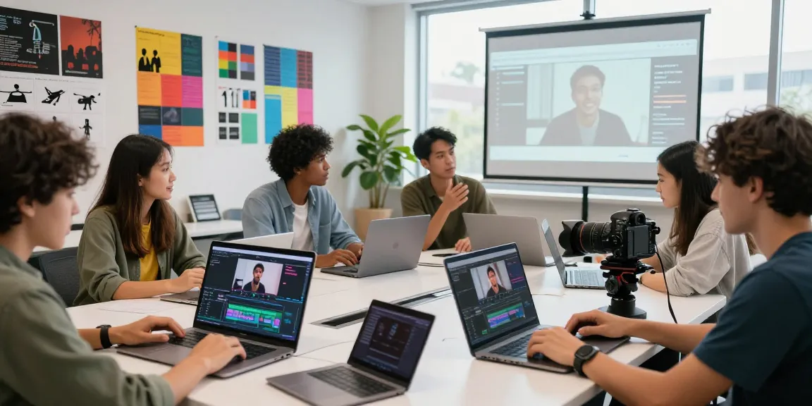 Online video production certification class with students engaged in video editing and collaboration.