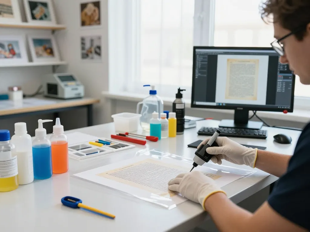 Bóc giấy ép plastic tại hà nội with a technician restoring documents using advanced technology, showcasing professional expertise.