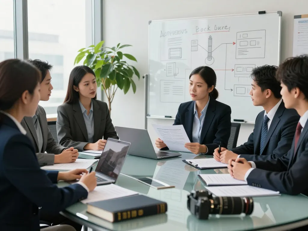 Team of USA lawyers collaborating in a modern office setting, showcasing professionalism and teamwork.