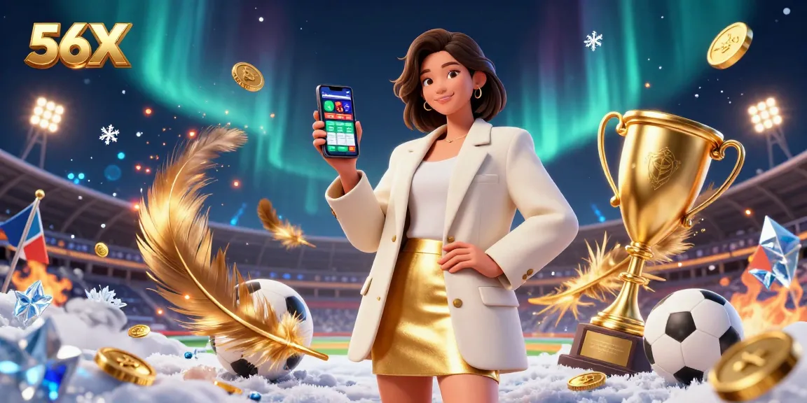 Experience the excitement of 56X online gaming with a friendly woman showcasing a betting app amid vibrant casino graphics.