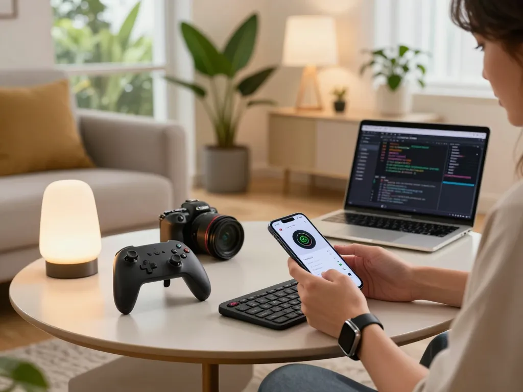 Must have tech gadgets like Bluetooth controller and fitness watch in a modern living room environment.