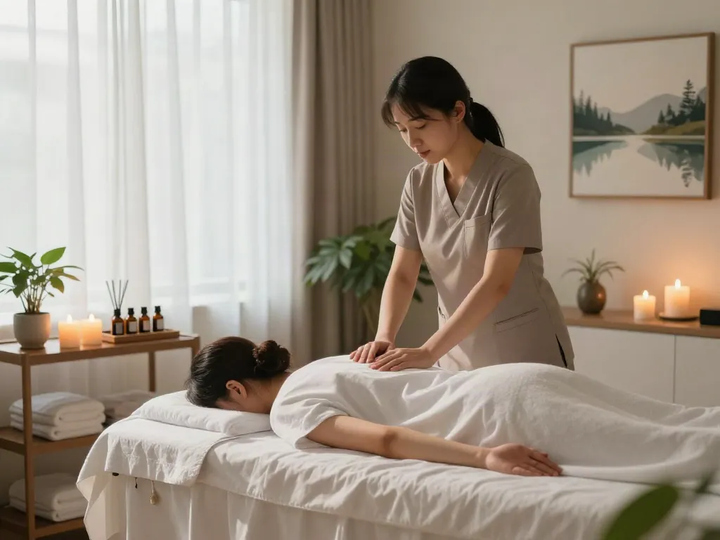 Relaxing 송도출장마사지 therapy scene in a serene environment with therapy elements.