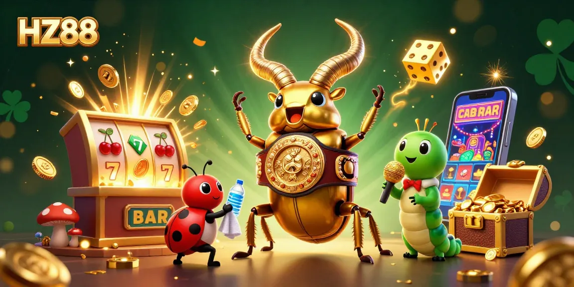 Experience big wins with HZ88 in a vibrant and dynamic casino-themed 3D illustration featuring playful elements.